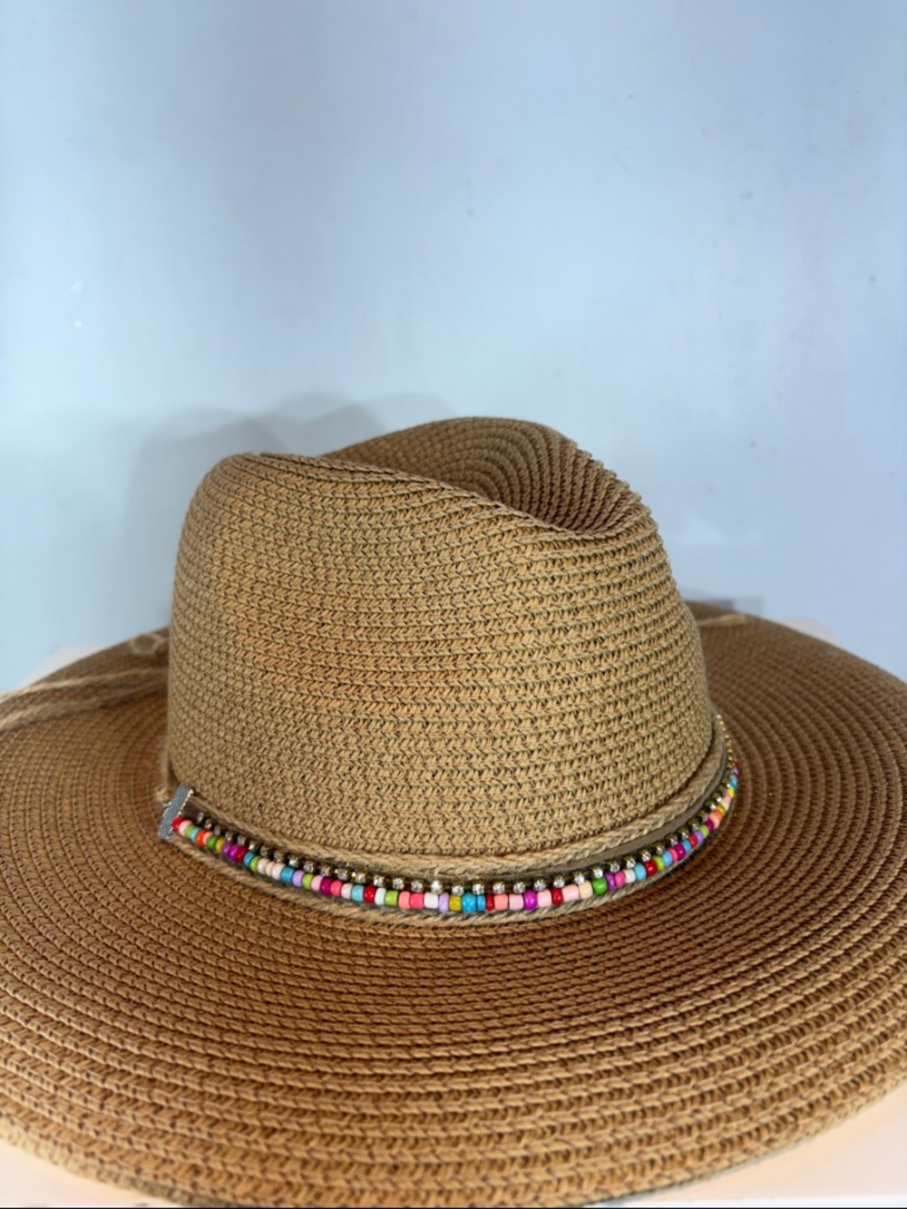 Norla Canada Straw  Hat Wide Brim Beaded Rhinestone Band Boho Summer Beach Tan